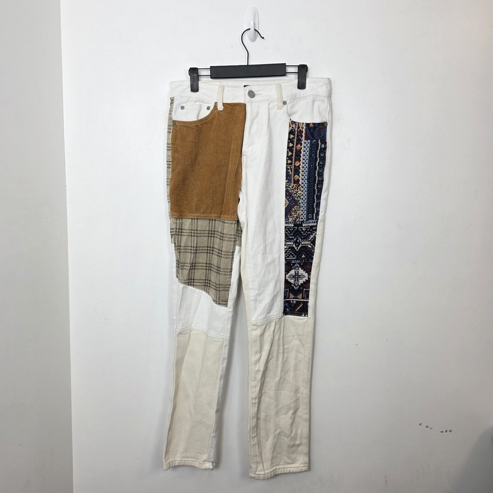 Boohoo‎ White Cream Multicolor Patchwork Slim Tartan Corduroy Jeans Size 30L